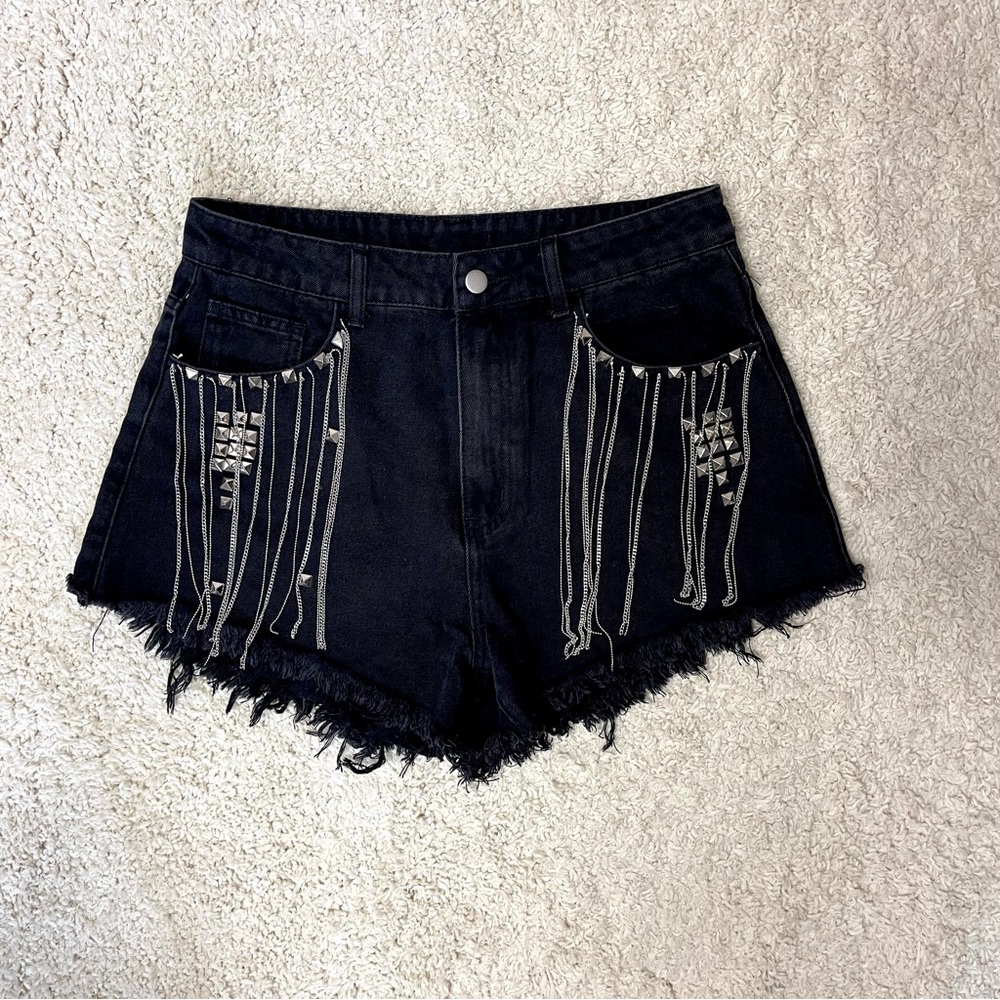 SHEIN Black Denim Shorts with Silvertone fringe